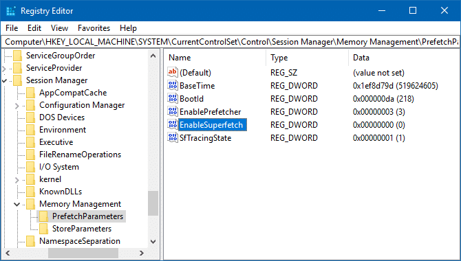 superfetch in registry editor path